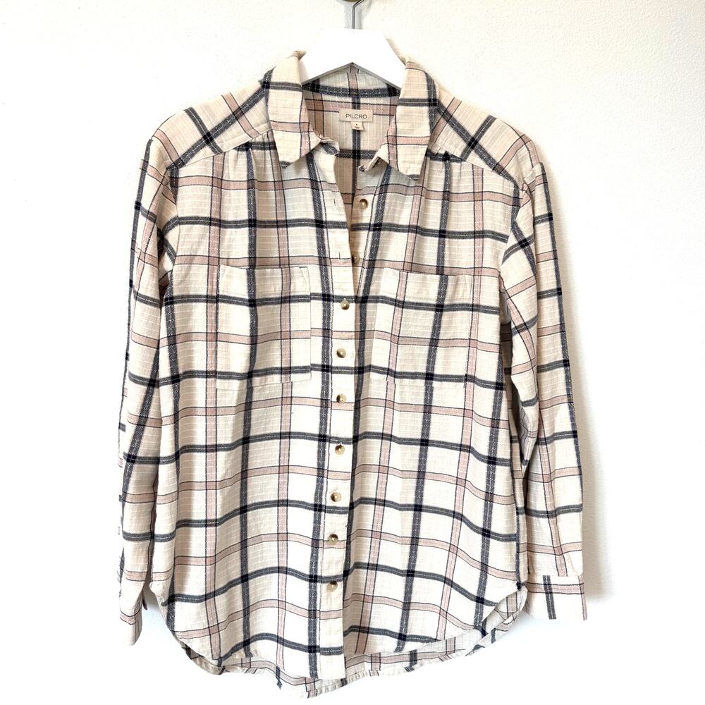Anthropologie Cream Plaid Western Oversized Button Down Shirt Small NWOT
